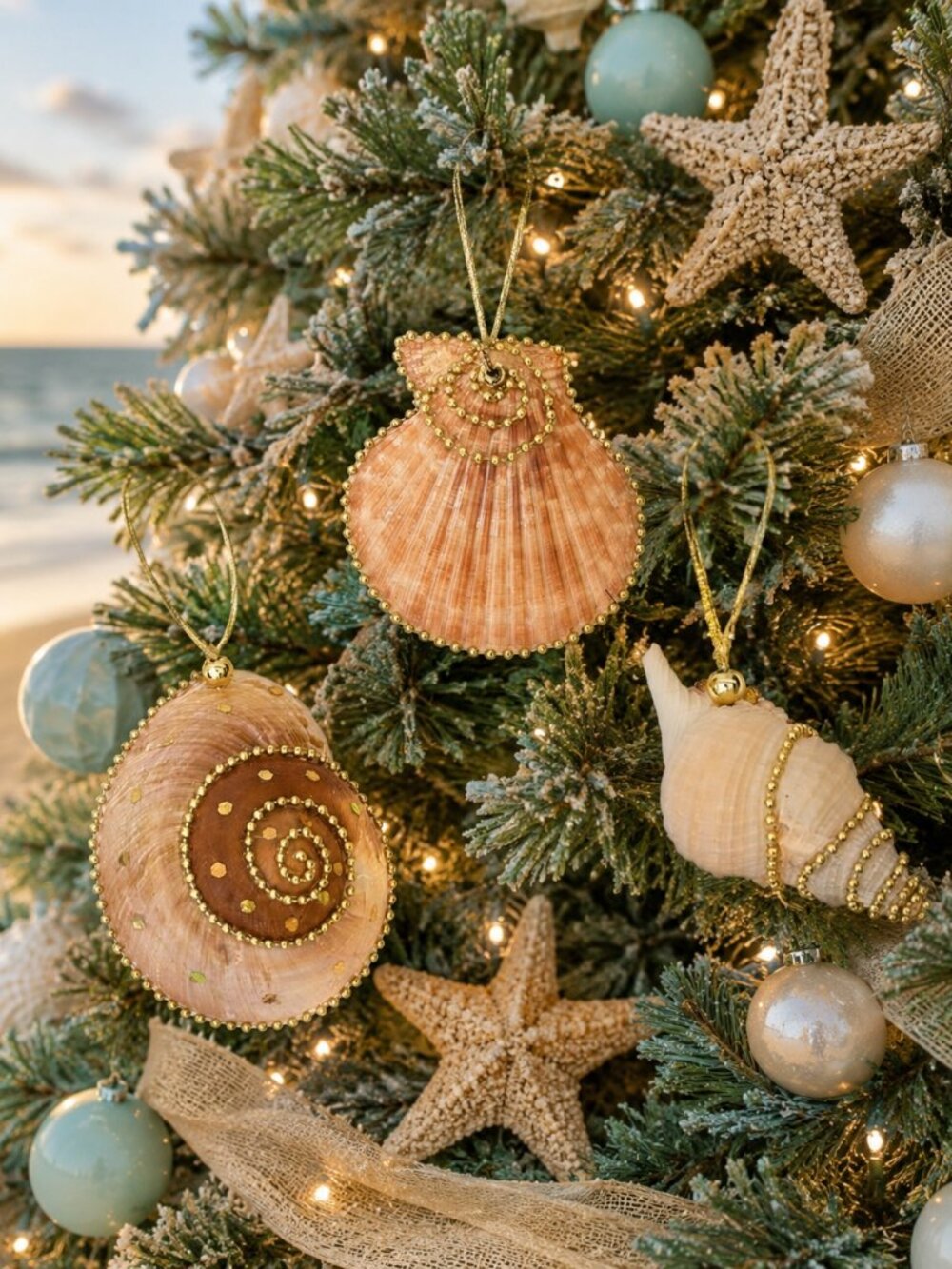 Set of 3 Assorted Christmas Holiday Beaded Seashell Ornaments